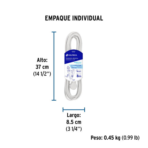 Extensión Eléctrica Voltec 8m Blanca, Ideal para Hogar