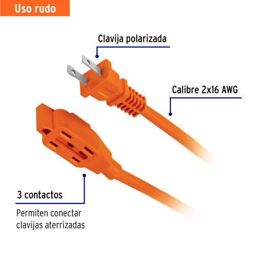 Extensión Eléctrica de Uso Rudo 25m, Calibre 16, VO