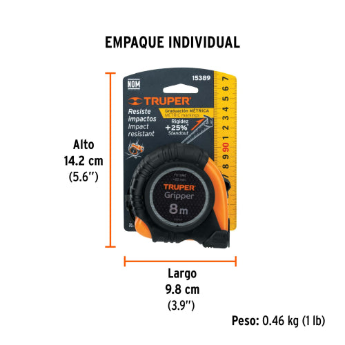 Flexometro Contra Impacto 8mt Grad. Metrica FH-8ME