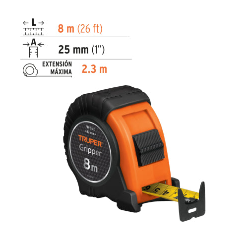 Flexometro Contra Impacto 8mt Grad. Metrica FH-8ME