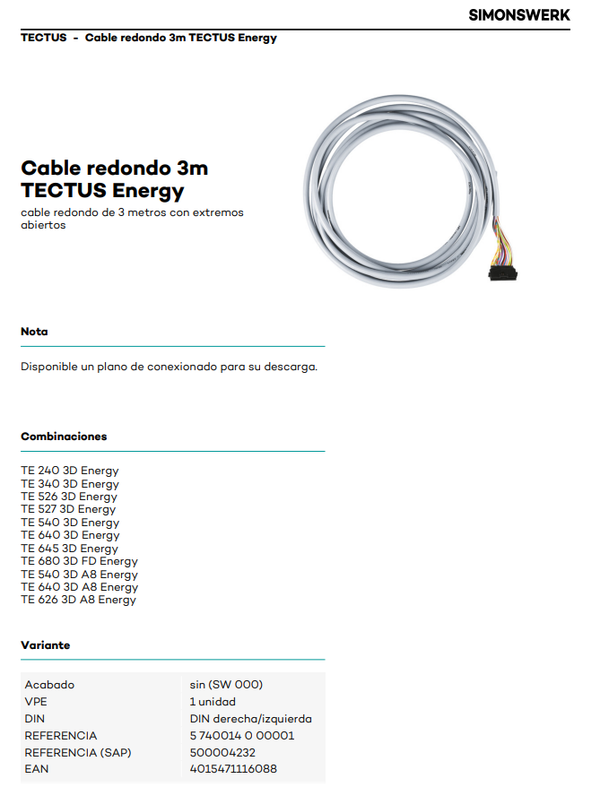 Round cable 3m TECTUS Energy