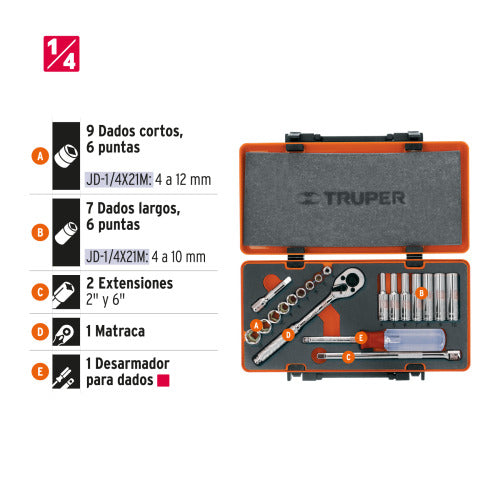 Juego de dados milimétricos 1/4' - 21 piezas precisión