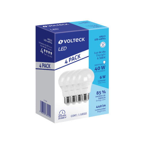 Pack 4 Lámparas LED A19 6W - Luz Día Brillante