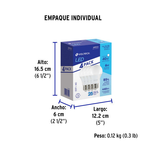 Pack 4 Lámparas LED A19 6W - Luz Día Brillante