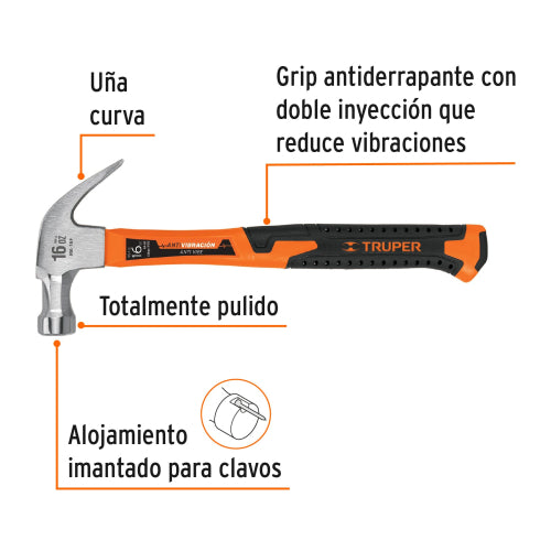 Martillo MA-16F: Mango Fibra Vidrio, Uña Curva, Alta Durabilidad