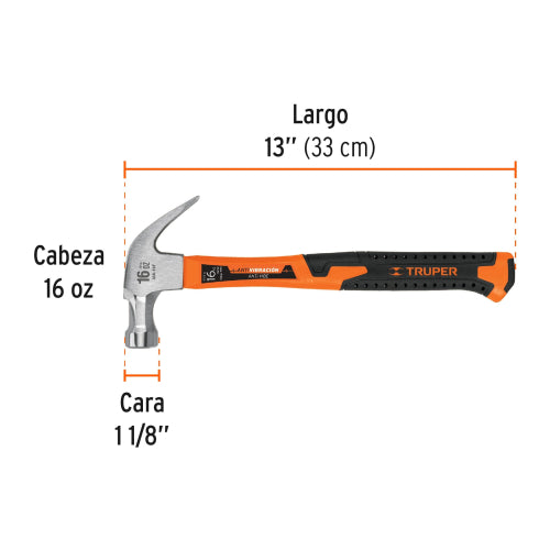 Martillo MA-16F: Mango Fibra Vidrio, Uña Curva, Alta Durabilidad