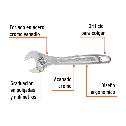 Llave Ajustable 10" Cromada PET-10C - Precisión y Durabilidad