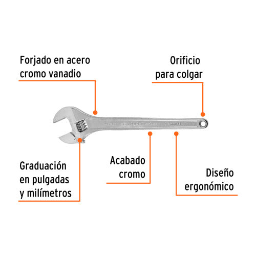 Llave Ajustable Cromada 15" Profesional - Durabilidad Y Precisión