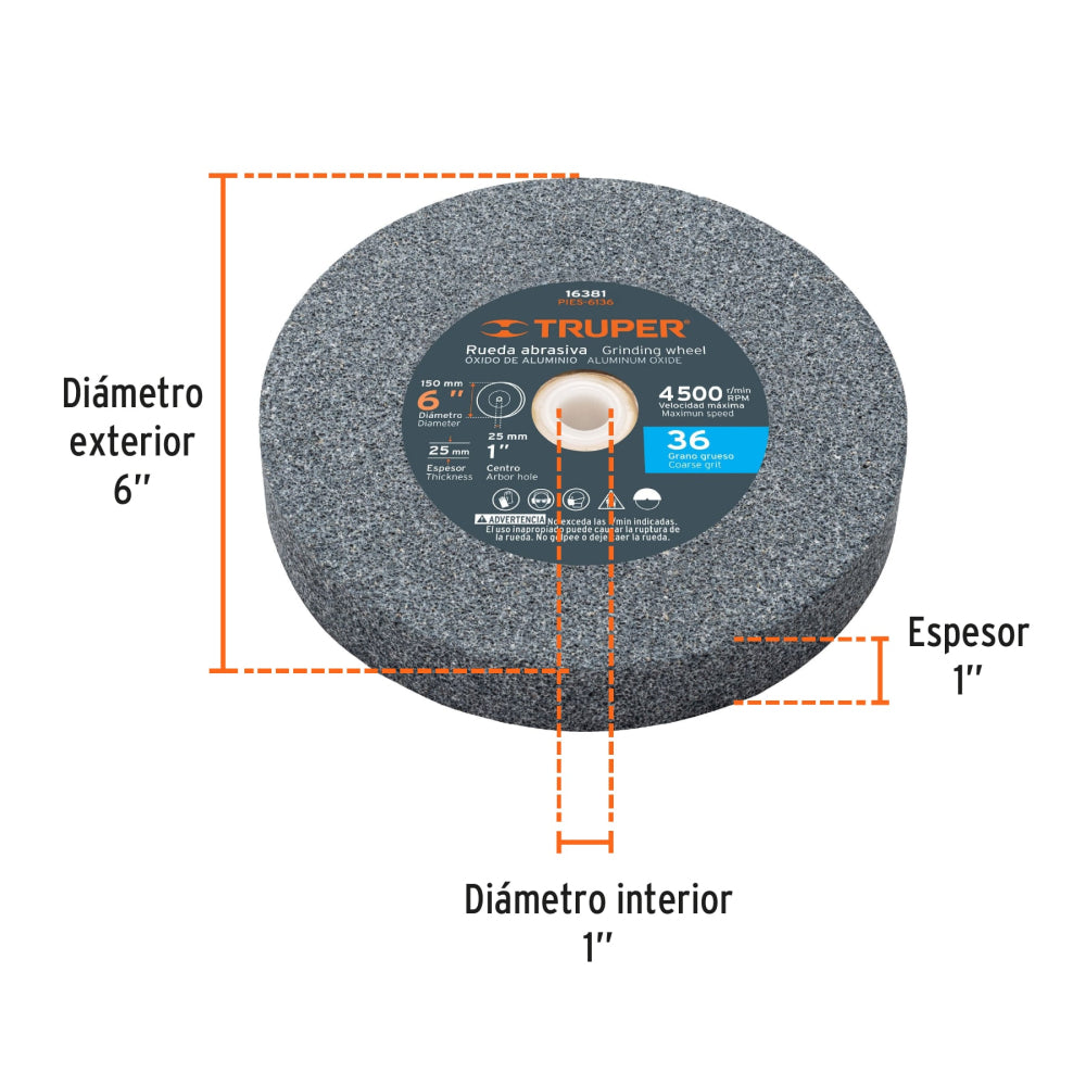 Piedra Esmeril 6" Grano 36 - Desbaste y Afilado Profesional