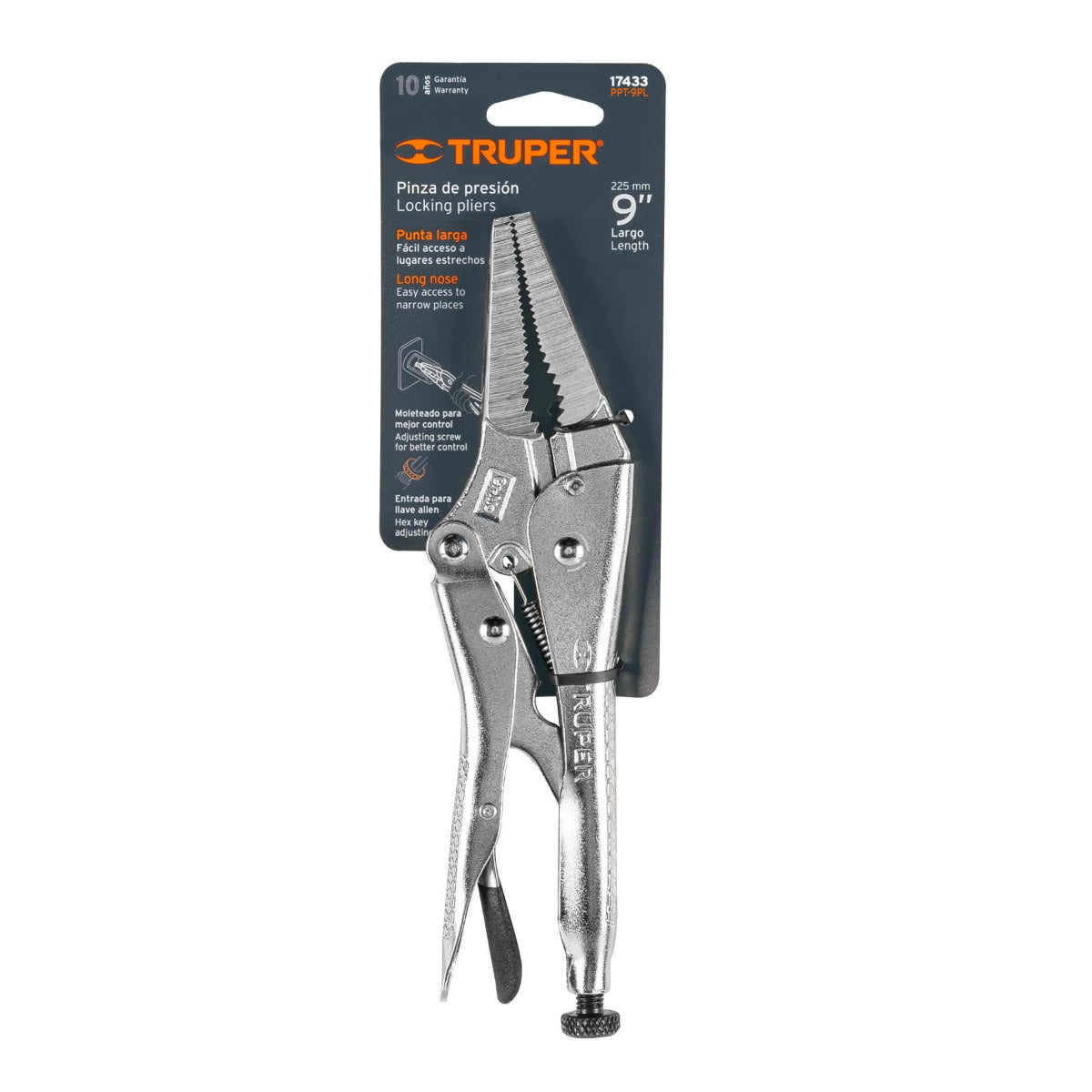 Pinza de presión 9", punta larga