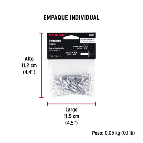 Bolsa con 50 Remaches Aluminio 1/8"x1/4" Blancos