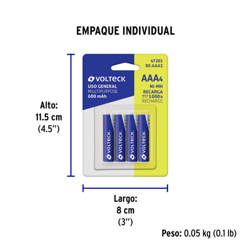 Pilas AAA Recargables 600mAh - Pack de 4 - Eco Amigables