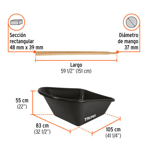 Carretilla 8ft con Bandeja Plástica MGOS/Madera - Resistente